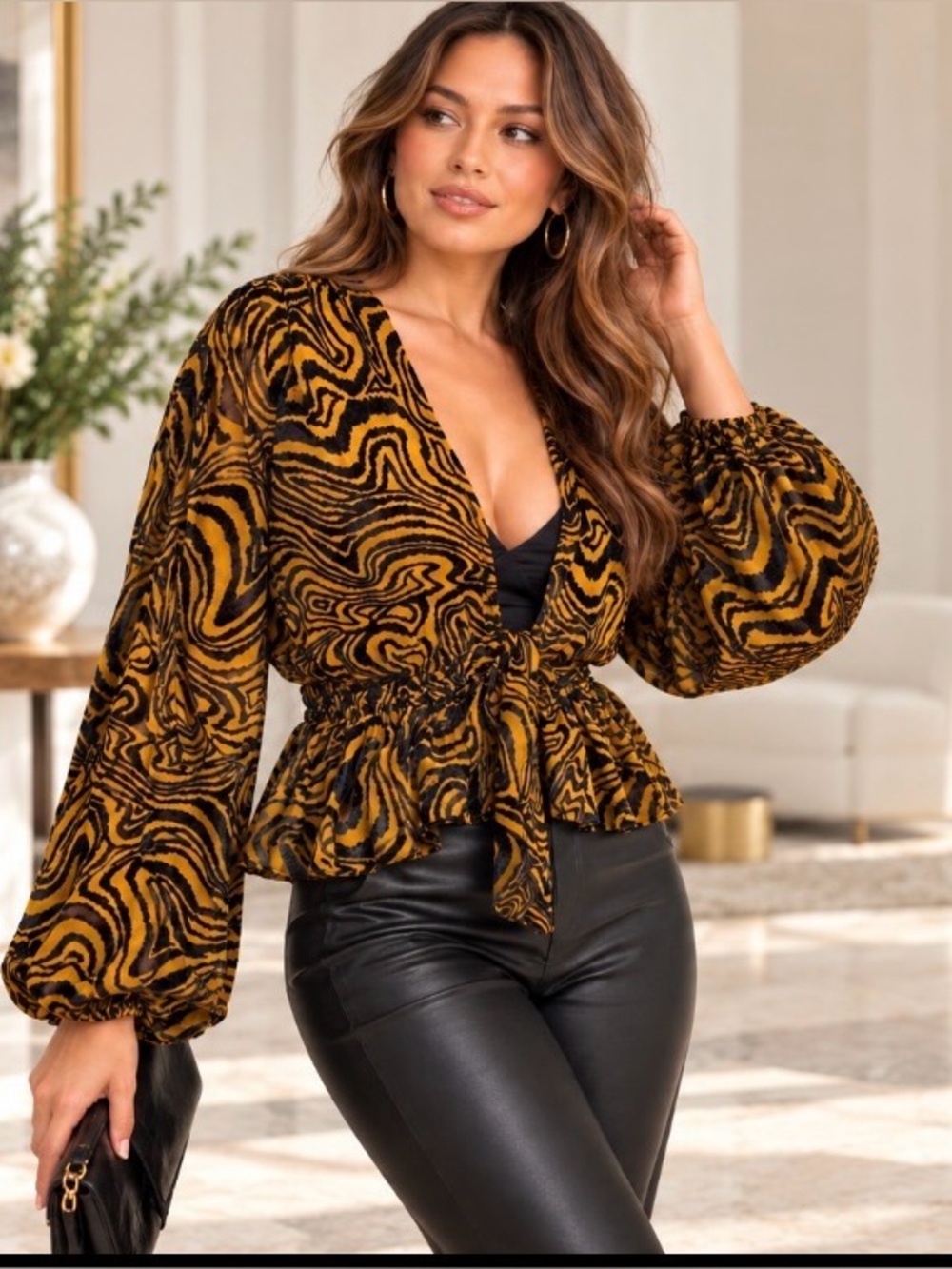 Urban Outfitters Vintage Tiger Print Burnout Velvet Sheer Tie Front Top Sz M-L